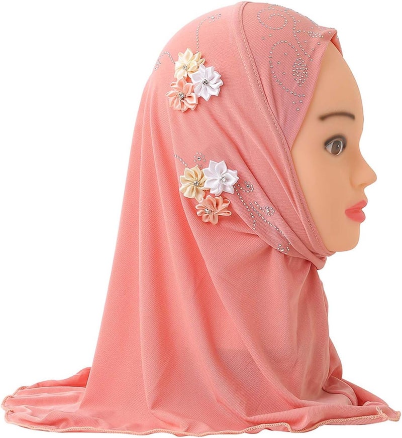 GREUS Girls Hijab Scarf Kids Muslim Headscarf Flower Islamic Arab Head Scarf Wrap One Piece Instant Hijabs for 2-6Y - Image 2